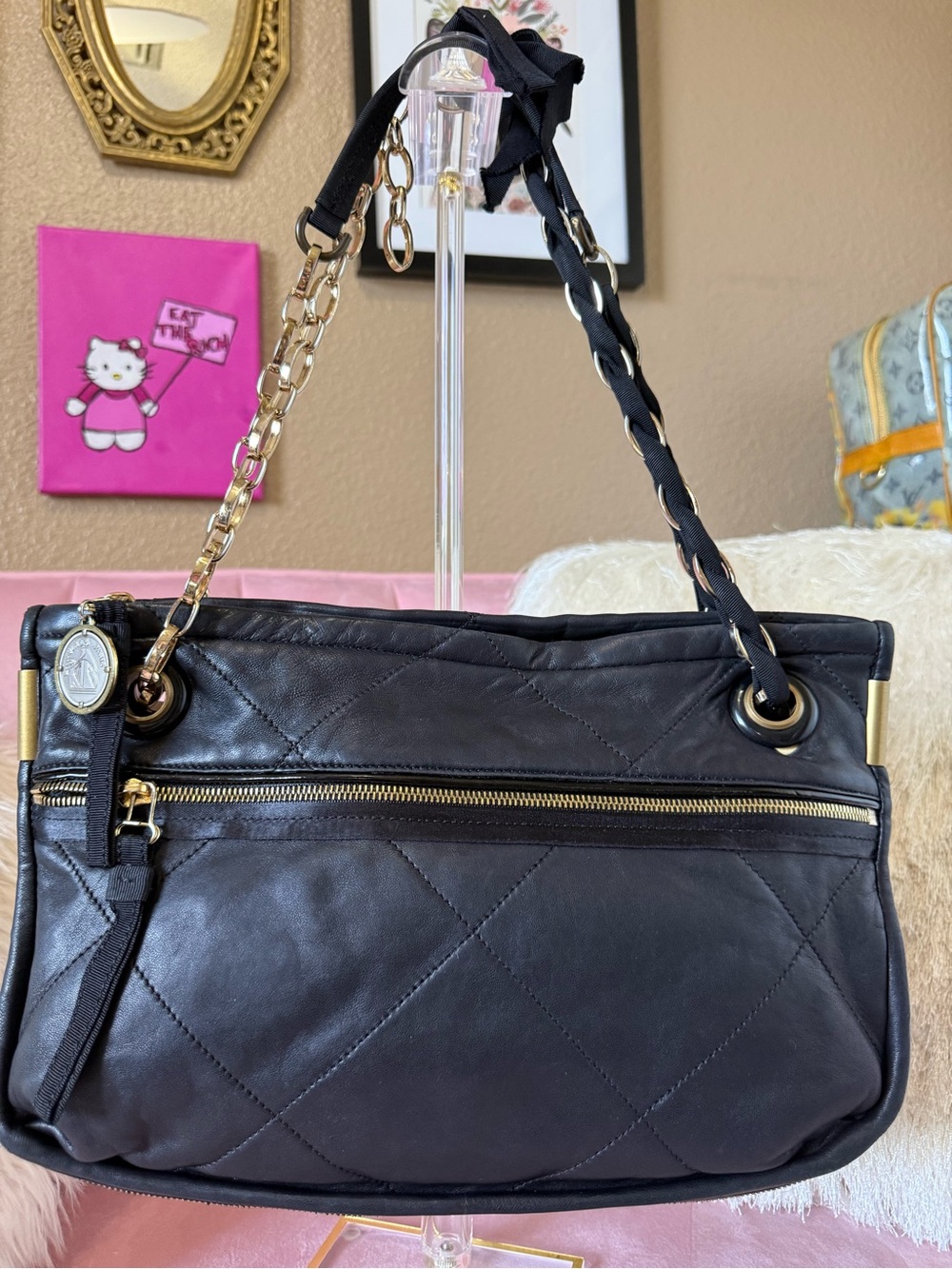 💯Auth LANVIN Black Quilted Leather Shoulder Bag w Gold Chain & Two-ToneAccents
